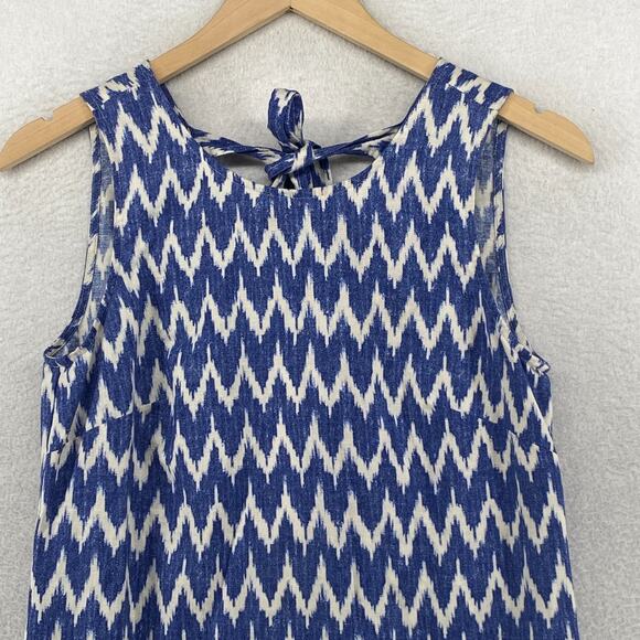 J.CREW Dress XS Linen Cotton Ikat Chevron Bowback Sleeveless Ruffle Hem Blue - Picture 3 of 12